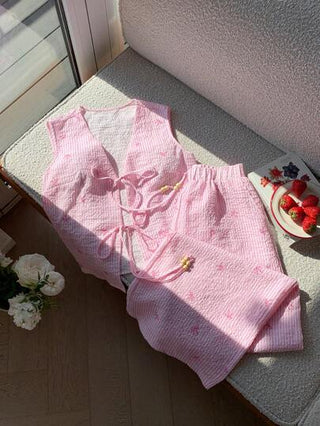 Comfortcana طقم ملابس علوية رباط نسائي مع نقوش شريطية وبنطال طويل بالوردي