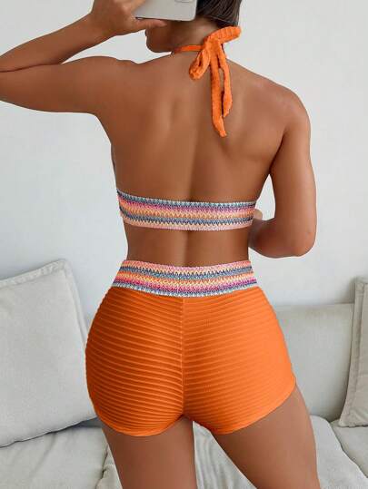 Swim Vcay 2 قطعة مجموعة بيكيني بطية صيفية ممزوجة بالألوان للعطلة الربيعية، غلاف ظهر كاجوال لحفلات الشاطئ والأعياد للنساء
