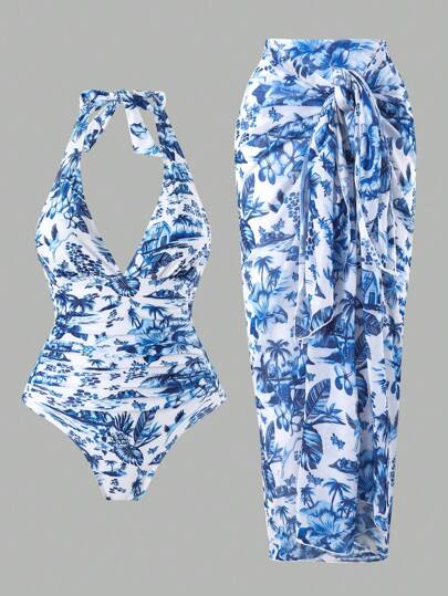 مايوه حريمي قطعة واحدة Swim Oasis مجموعة ملابس شاطئ نسائية 2 قطعة ، تصميم أنيق بطراز الأدغال الأزرق والأبيض مع طبعات حيوانات ونباتات ، بلوزة كشكش وبكلية ، بذلة سباحة علوية تحكم البطن ، مثالية للصيف