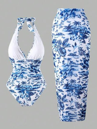 مايوه حريمي قطعة واحدة Swim Oasis مجموعة ملابس شاطئ نسائية 2 قطعة ، تصميم أنيق بطراز الأدغال الأزرق والأبيض مع طبعات حيوانات ونباتات ، بلوزة كشكش وبكلية ، بذلة سباحة علوية تحكم البطن ، مثالية للصيف