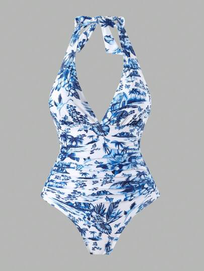 مايوه حريمي قطعة واحدة Swim Oasis مجموعة ملابس شاطئ نسائية 2 قطعة ، تصميم أنيق بطراز الأدغال الأزرق والأبيض مع طبعات حيوانات ونباتات ، بلوزة كشكش وبكلية ، بذلة سباحة علوية تحكم البطن ، مثالية للصيف