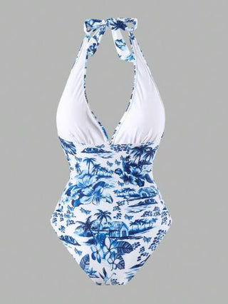 مايوه حريمي قطعة واحدة Swim Oasis مجموعة ملابس شاطئ نسائية 2 قطعة ، تصميم أنيق بطراز الأدغال الأزرق والأبيض مع طبعات حيوانات ونباتات ، بلوزة كشكش وبكلية ، بذلة سباحة علوية تحكم البطن ، مثالية للصيف