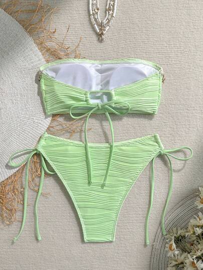 Swim Mod طقم مكون من قطعتين للنساء لصيف الشاطئ: بيكيني ذو شريط مربوط وحليات نسيجية بلون أحادي