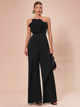 SHEIN BAE جمبسوت آنسية أنيقة بتزيين أزهار ثلاثية الأبعاد بلون أسود ثابت أو أبيض وأسود، تناسب المناسبات المختلفة ، الحفلات الراقية ، المواعيد الرومانسية ، التنسيقات اليومية ، الأعياد ، عيد الهالوين ، عيد الميلاد