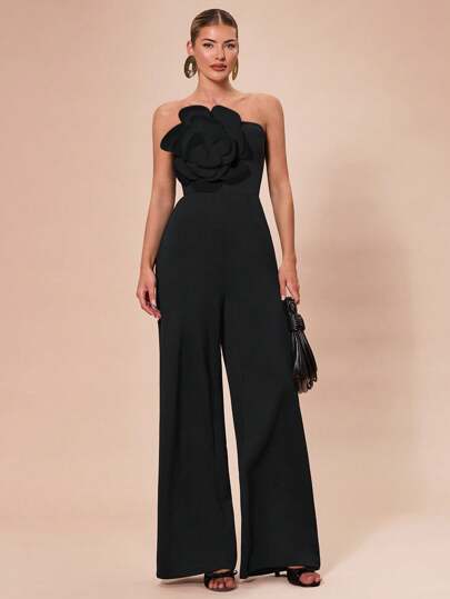 SHEIN BAE جمبسوت آنسية أنيقة بتزيين أزهار ثلاثية الأبعاد بلون أسود ثابت أو أبيض وأسود، تناسب المناسبات المختلفة ، الحفلات الراقية ، المواعيد الرومانسية ، التنسيقات اليومية ، الأعياد ، عيد الهالوين ، عيد الميلاد