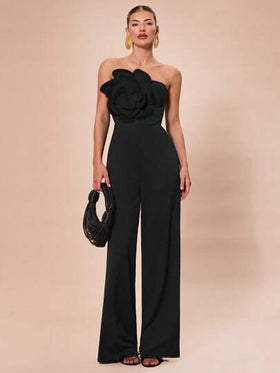 SHEIN BAE جمبسوت آنسية أنيقة بتزيين أزهار ثلاثية الأبعاد بلون أسود ثابت أو أبيض وأسود، تناسب المناسبات المختلفة ، الحفلات الراقية ، المواعيد الرومانسية ، التنسيقات اليومية ، الأعياد ، عيد الهالوين ، عيد الميلاد
