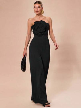 SHEIN BAE جمبسوت آنسية أنيقة بتزيين أزهار ثلاثية الأبعاد بلون أسود ثابت أو أبيض وأسود، تناسب المناسبات المختلفة ، الحفلات الراقية ، المواعيد الرومانسية ، التنسيقات اليومية ، الأعياد ، عيد الهالوين ، عيد الميلاد