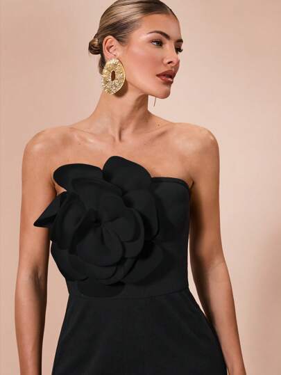 SHEIN BAE جمبسوت آنسية أنيقة بتزيين أزهار ثلاثية الأبعاد بلون أسود ثابت أو أبيض وأسود، تناسب المناسبات المختلفة ، الحفلات الراقية ، المواعيد الرومانسية ، التنسيقات اليومية ، الأعياد ، عيد الهالوين ، عيد الميلاد