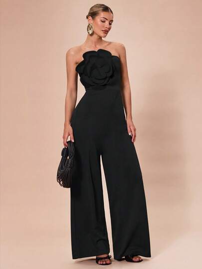 SHEIN BAE جمبسوت آنسية أنيقة بتزيين أزهار ثلاثية الأبعاد بلون أسود ثابت أو أبيض وأسود، تناسب المناسبات المختلفة ، الحفلات الراقية ، المواعيد الرومانسية ، التنسيقات اليومية ، الأعياد ، عيد الهالوين ، عيد الميلاد