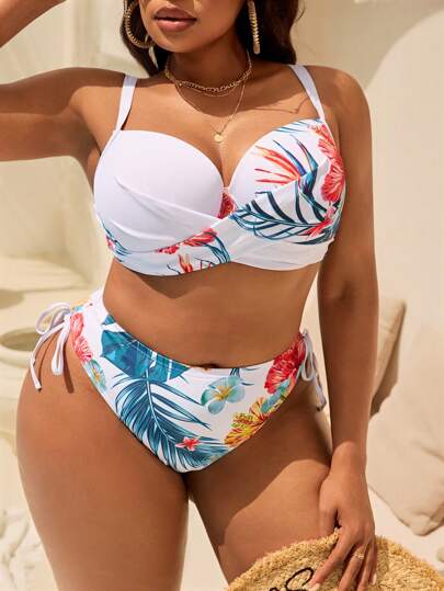 Swim Lushoire مجموعة حجم كبير من 2 قطعة ملابس سباحة نسائية إطلالة حياتية/شاطئ مطبوعة بأوراق استوائية، بلوزة حوار علوية و سروال سفلي، صدرية مبطنة وبسوران