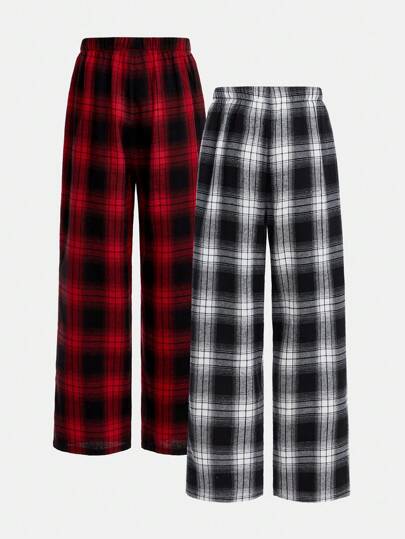 SHEIN زوجان من بناطيل نوم طويلة قطنية لأولاد المراهقين بخصر مشدود بحبل سحاب بتصميم كلاسيكي بسيط