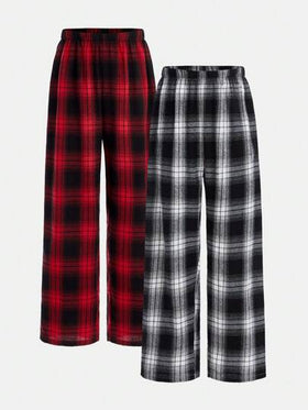 SHEIN زوجان من بناطيل نوم طويلة قطنية لأولاد المراهقين بخصر مشدود بحبل سحاب بتصميم كلاسيكي بسيط