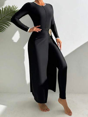 Swim Mulvari طقم برقع سباحة من 3 قطع، طويل الأكمام، بالأسود الأنيق، بوديسوت كاملة مع بنطال طويل وفستان شاطئ معدن متألق ومثير للاهتمام