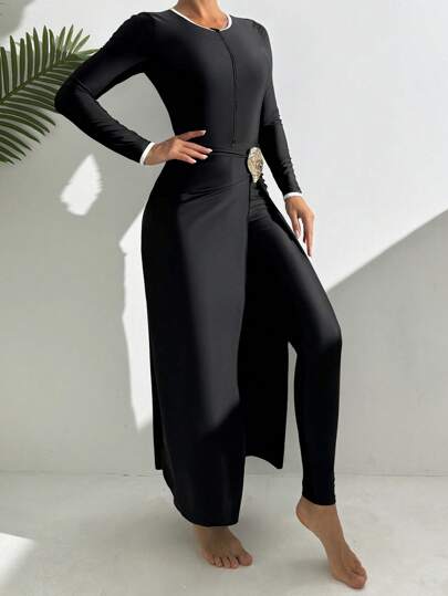 Swim Mulvari طقم برقع سباحة من 3 قطع، طويل الأكمام، بالأسود الأنيق، بوديسوت كاملة مع بنطال طويل وفستان شاطئ معدن متألق ومثير للاهتمام