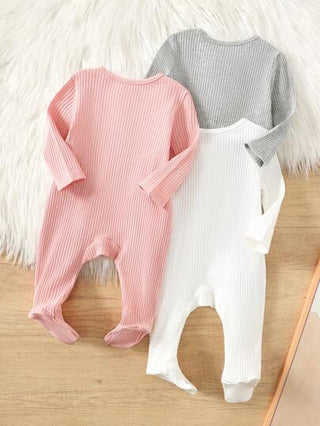 SHEIN 3 قطع من بدلة رضيع الحديثة الناعمة بياقة دائرية وأكمام طويلة وسحاب للبطن ، ملابس داخلية مريحة مصنوعة من النسيج المحبوك