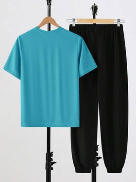 SHEIN 2 قطعة/مجموعة ملابس كاجوال للمراهقين الشباب بطباعة الأحرف، بتصميم عنق طاقم، مناسبة للصيف والرياضة والجري والأنشطة الخارجية