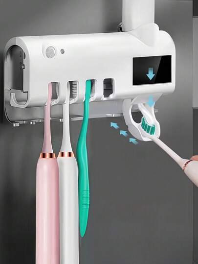 قاعدة/حامل فرشاة أسنان ذكية بيضاء لا تحتاج ثقب قطعة واحدة، شاحن USB، معصر معجون أسنان أوتوماتيكي متعدد الوظائف، مجموعة حمام يمكن أن تستوعب 4 فرش أسنان وأنبوب معجون أسنان واحد، مناسبة للحمامات والسكن الجامعي وديكور المنزل الصيفي