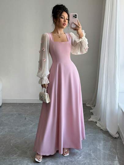 فساتين حريمي Modelyn العيد فستان نسائي مخصر بخصر مزين بخناق ولمسات زهرية ثلاثية الأبعاد منسوج كرباتش