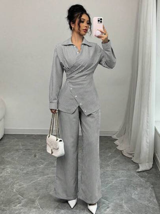 طقم حريمي قطعتين Modelyn العيد مجموعة بلوزة كم طويل ذات ربطة وسروال للنساء 2 قطعة بنمط مخطط منسوج محبوك