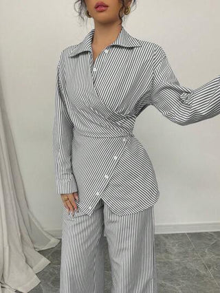 Modelyn العيد مجموعة بلوزة كم طويل ذات ربطة وسروال للنساء 2 قطعة بنمط مخطط منسوج محبوك