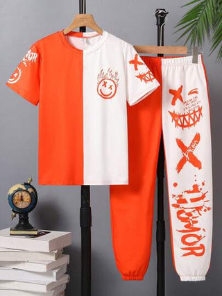 فستان أطفال طقم تي شيرت T-shirt أكمام قصيرة وبنطال جوجر (2 قطعة) مع رسم وجه مبتسم كرتوني ملائم للفتيان المراهقين