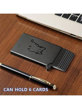 محفظة ألومنيوم نحيفة مقاومة للتجسس RFID للرجال والنساء - باللون الأسود مع تصميم طباعة قطة جذابة ، محمل بحامل بطاقات قابل للطي ، حماية مضادة للسرقة ، مناسبة للأعمال وبطاقات الائتمان ، محفظة نسائية صغيرة ، محفظة بطاقات