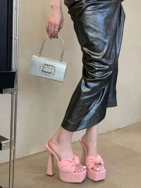 نعال صنادل ذات اصبع مربع مع كعب سميك للنساء, صنادل كعب منصة صيفية بفيونكة, كعب منخفض مناسب للنادي والليل, كعوب منصة عالية جدا وجذابة