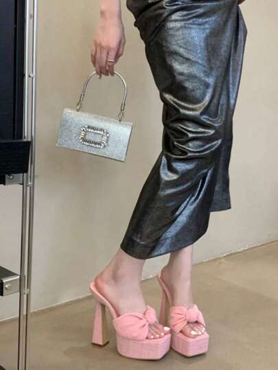 نعال صنادل ذات اصبع مربع مع كعب سميك للنساء, صنادل كعب منصة صيفية بفيونكة, كعب منخفض مناسب للنادي والليل, كعوب منصة عالية جدا وجذابة