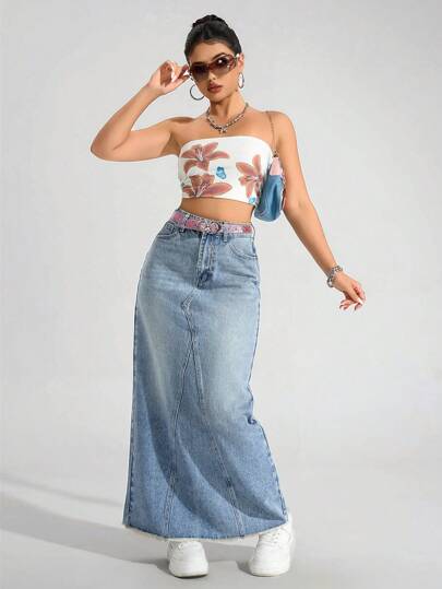 EZwear تنورة جينز طويلة مصممة بجيوب عالية الخصر ذات استخدامات متعددة للنساء