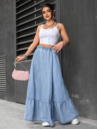 EZwear تنورة جينز كاجوال مغسولة فائقة الطول للنساء