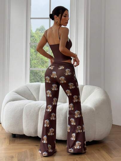 EZwear طقم ملابس علوية حبال وبنطلون واسع مع طباعة الدب