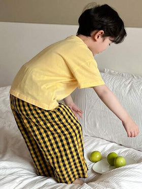 Dazy Kids مجموعة مكونة من 2 قطعة لملابس الأطفال الصغار موديل بولوشيرت صلب محبوك بأكمام قصيرة ومربوط بالرقبة المستديرة وبنطلون قصير منسوج مربع الكاروهات، أنيق للربيع والصيف رمضان