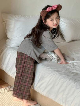 Dazy Kids بلوزة تريكو بأكمام قصيرة مطبوعة بياقة دائرية + بنطلون كاجوال مربع، ملابس ربيعية/صيفية للفتيات الصغيرات رمضان