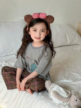 Dazy Kids بلوزة تريكو بأكمام قصيرة مطبوعة بياقة دائرية + بنطلون كاجوال مربع، ملابس ربيعية/صيفية للفتيات الصغيرات رمضان