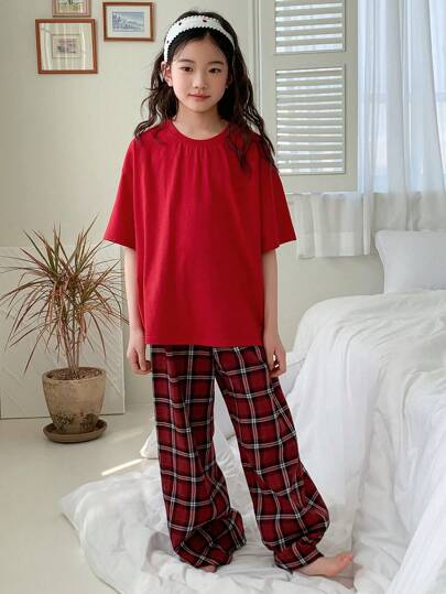 Dazy Kids بلوزة قصيرة الأكمام ذات رقبة مستديرة بلون سادة + بنطلون منسوج مربعات مناسبة للمنزل لفتيات البلوغ ، ربيع / صيف رمضان