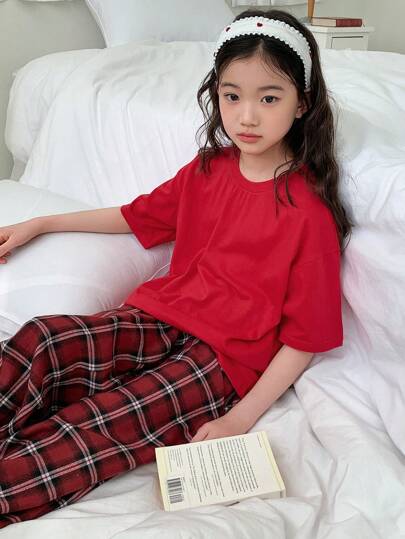 Dazy Kids بلوزة قصيرة الأكمام ذات رقبة مستديرة بلون سادة + بنطلون منسوج مربعات مناسبة للمنزل لفتيات البلوغ ، ربيع / صيف رمضان