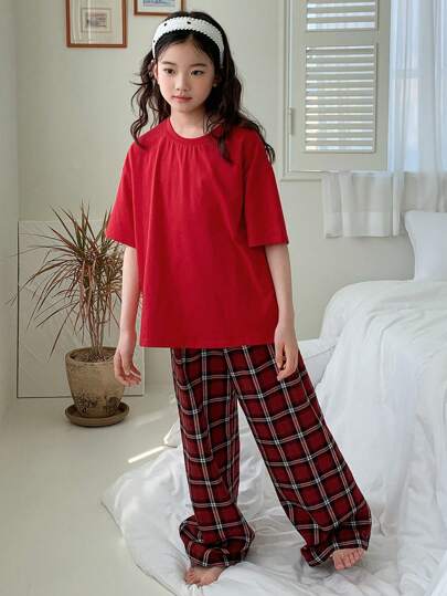 Dazy Kids بلوزة قصيرة الأكمام ذات رقبة مستديرة بلون سادة + بنطلون منسوج مربعات مناسبة للمنزل لفتيات البلوغ ، ربيع / صيف رمضان
