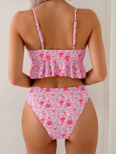 طقم تانكيني حريمي Swim ملابس علوية كام قصيرة سباغيتي مثيرة للنساء بياقة على شكل V وتريمات من الكشكشة