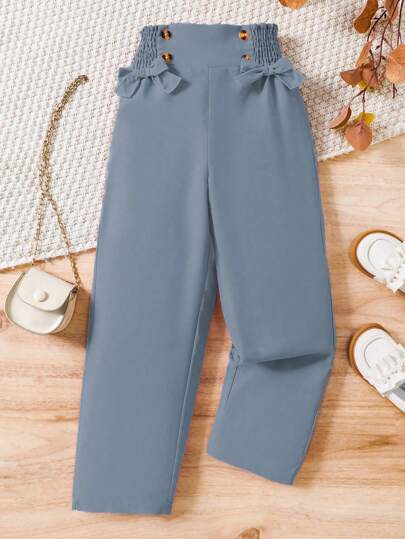 SHEIN سراويل بفيونكة أمامية للفتيات المراهقات بخصر مثني، أسلوب كاجوال حلو، تصميم بفيونكة بخصر عالي، واسعة، قماش مريح