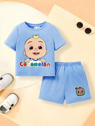 CoComelon X  طقم قصير الأكمام لاطفال الرضع من تي شيرت برسومات كرتونية بزرقاء وشورت للأنشطة اليومية لون ملابس برقبة مستديرة جذاب