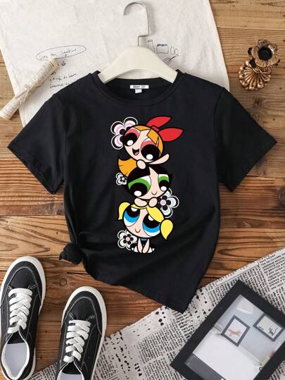 ملابس بناتي THE POWERPUFF GIRLS X  تي شيرت كاجوال قصير الأكمام للبنات المراهقات مزيَن بنمط الأزهار والفقاعات والزنبق ، صيفي