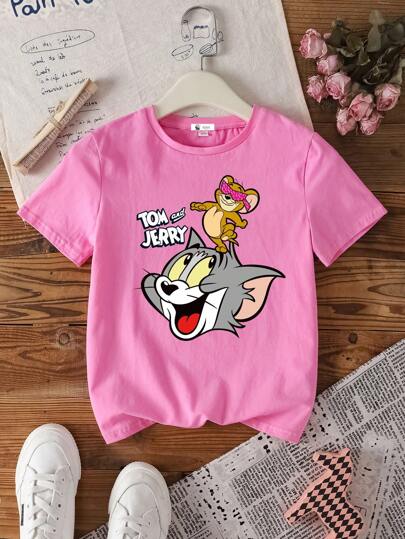 ملابس بناتي TOM & JERRY X  تي شيرت تي شيرت أكمام قصيرة بطباعة رسوم كرتونية و حرفية للفتيات المراهقات ، موديل صيفي
