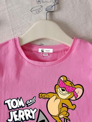 ملابس بناتي TOM & JERRY X  تي شيرت تي شيرت أكمام قصيرة بطباعة رسوم كرتونية و حرفية للفتيات المراهقات ، موديل صيفي
