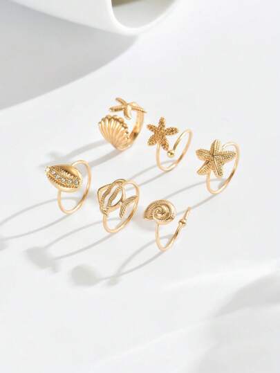 6 قطع/مجموعة خواتم معدنية على الطراز البوهيمي بأشكال بحرية تشمل النجمة البحرية والصدفة والأسماك المرصعة بالراين ستون ، تصميم بسيط مفتوح، مناسب للشاطئ والحفلات وإكسسوارات متنوعة للربيع والصيف