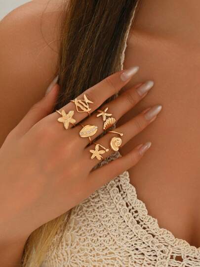 6 قطع/مجموعة خواتم معدنية على الطراز البوهيمي بأشكال بحرية تشمل النجمة البحرية والصدفة والأسماك المرصعة بالراين ستون ، تصميم بسيط مفتوح، مناسب للشاطئ والحفلات وإكسسوارات متنوعة للربيع والصيف