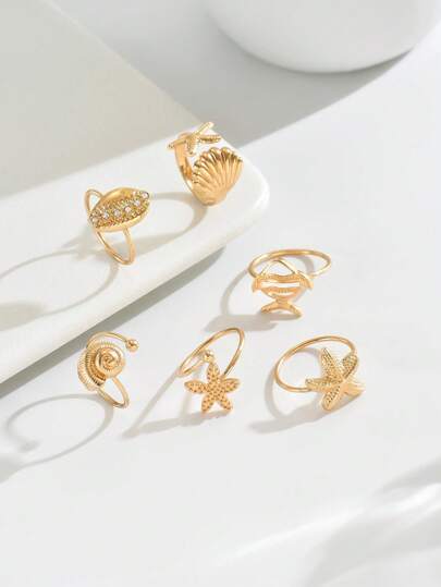 6 قطع/مجموعة خواتم معدنية على الطراز البوهيمي بأشكال بحرية تشمل النجمة البحرية والصدفة والأسماك المرصعة بالراين ستون ، تصميم بسيط مفتوح، مناسب للشاطئ والحفلات وإكسسوارات متنوعة للربيع والصيف