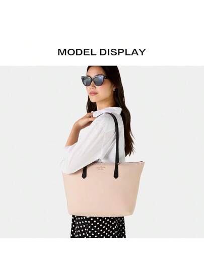 Kate Spade حقيبة كبيرة نايلون من نوع كيت بلون بيج دافئ ذات سعة كبيرة مع سحاب، حقيبة كتف خفيفة الوزن للنساء