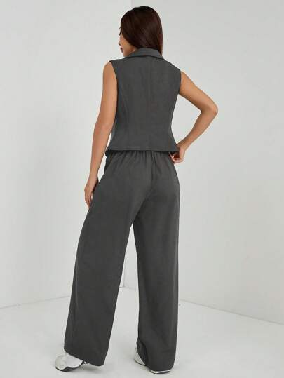 SHEIN PETITE طقم ملابس خريفية قطعتان 2 قطعة/مجموعة للمرأة بلون واحد، ملابس علوية بدون أكمام وبنطال، ملابس خريفية، كاجوال أعمال، طقم صيفي