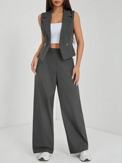 SHEIN PETITE طقم ملابس خريفية قطعتان 2 قطعة/مجموعة للمرأة بلون واحد، ملابس علوية بدون أكمام وبنطال، ملابس خريفية، كاجوال أعمال، طقم صيفي
