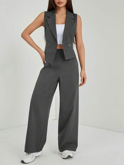 SHEIN PETITE طقم ملابس خريفية قطعتان 2 قطعة/مجموعة للمرأة بلون واحد، ملابس علوية بدون أكمام وبنطال، ملابس خريفية، كاجوال أعمال، طقم صيفي